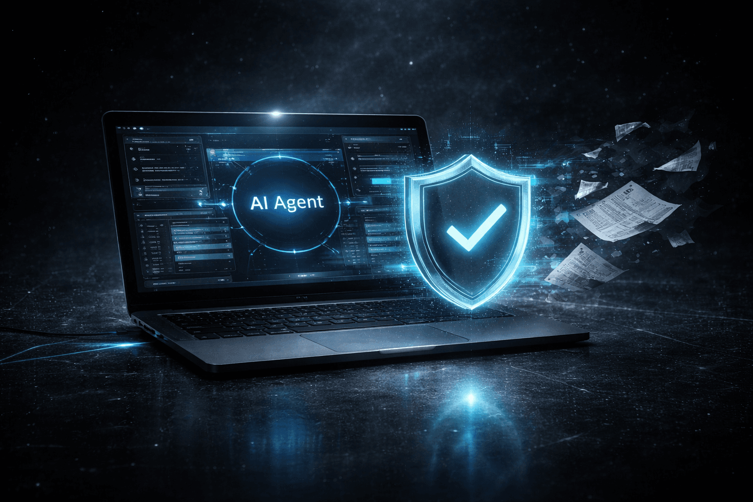 Desktop AI agent interface with cryptographic governance shield - representing the gap between autonomous agent capabilities and provable enforcement