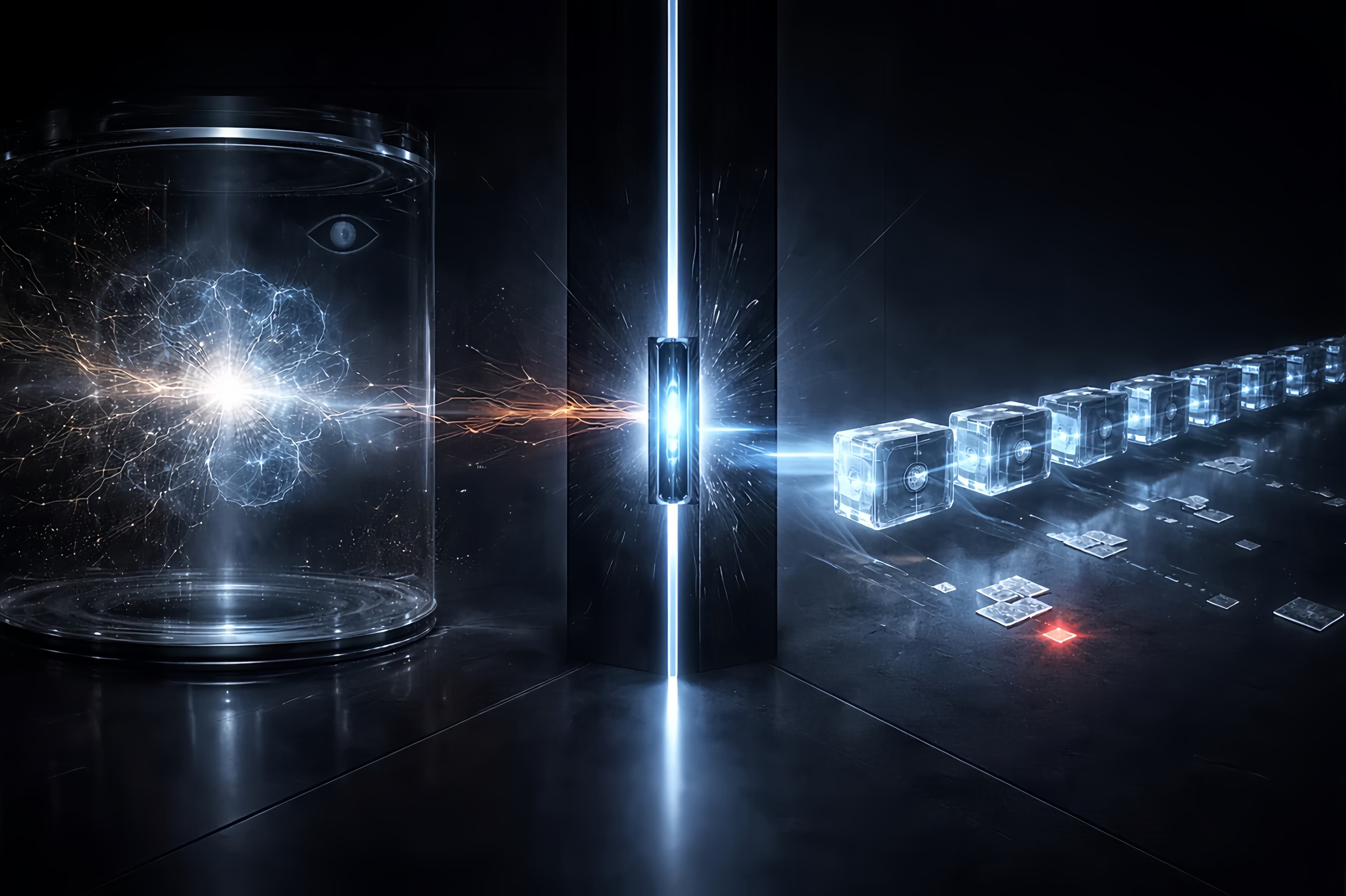 An AI agent contained behind a cryptographic enforcement boundary, with a chain of signed evidence blocks extending into the distance