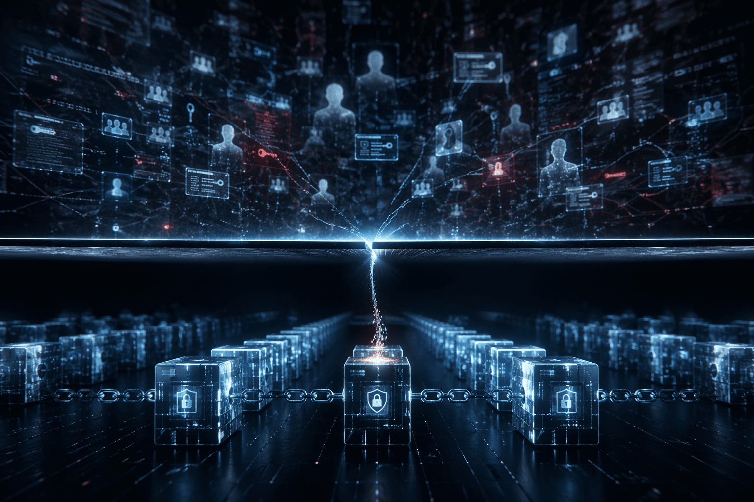 A fractured trust boundary between a multi-tenant vendor environment above and a hash-linked chain of signed access receipts below
