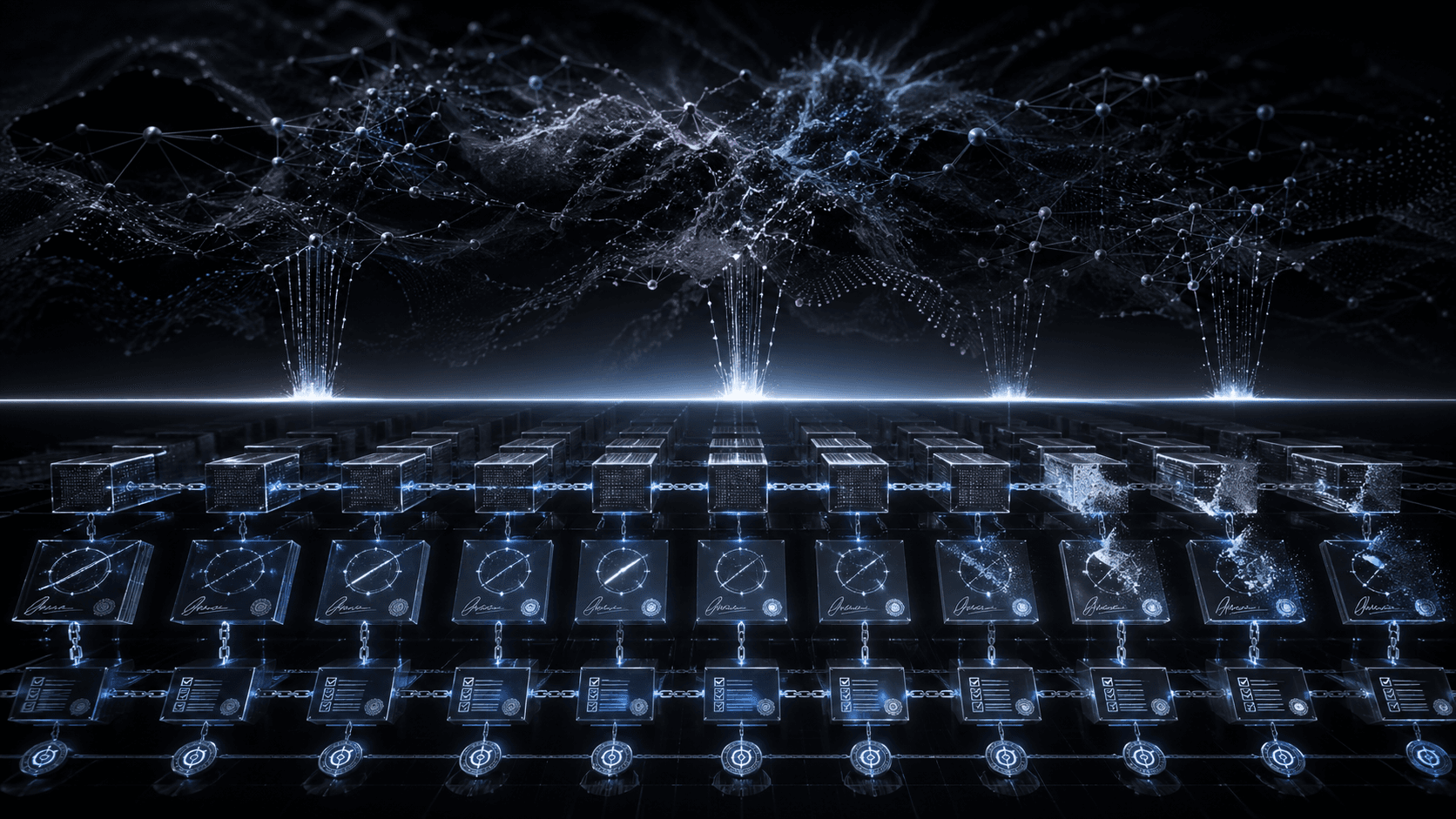 Diagram of a layered AI governance architecture. A starfield of agent activity is separated from the infrastructure below by a glowing horizontal boundary. Beneath the boundary, four stacked layers: chained policy blocks, signed policy artifacts, hexagonal scoped credentials, and a continuous evidence chain at the base.